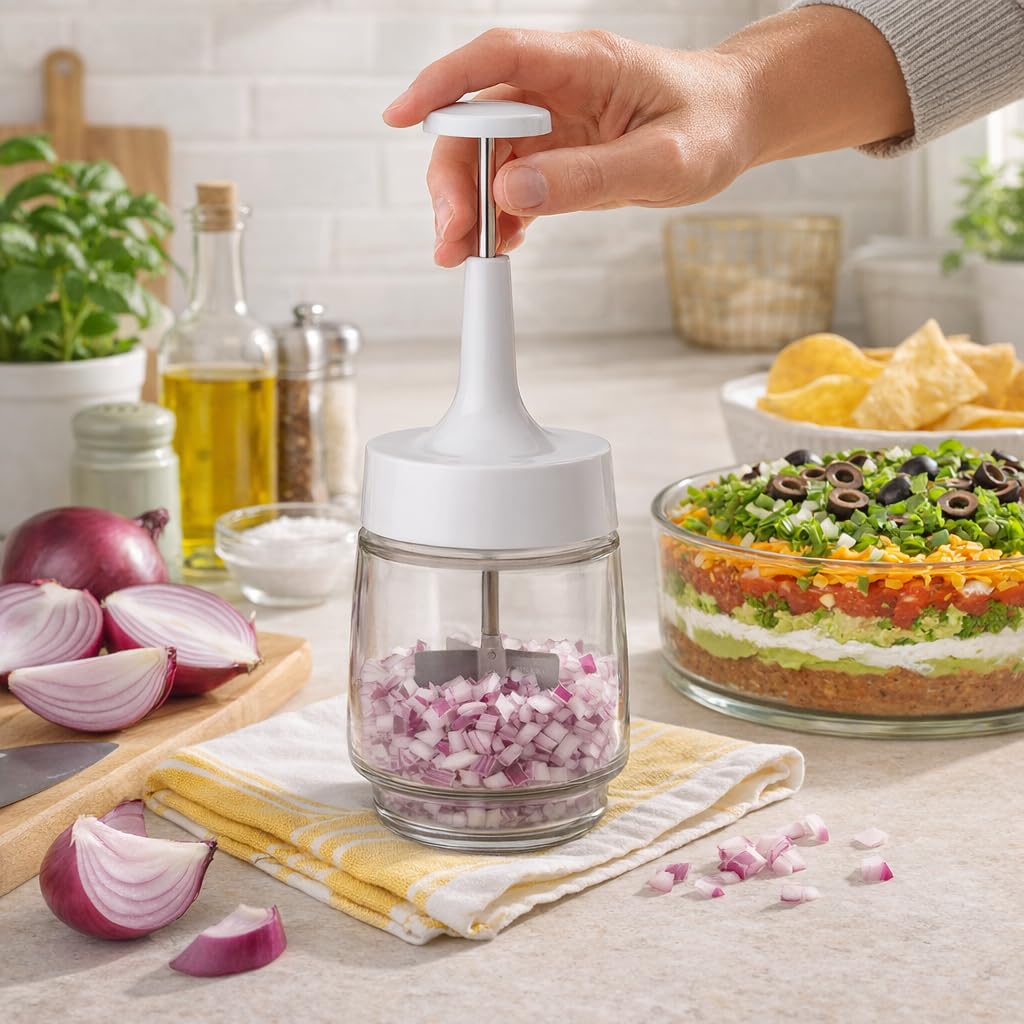 HIC Kitchen - Picador de cebolla antiguo, cuchillas de acero inoxidable 18/8 de borde liso