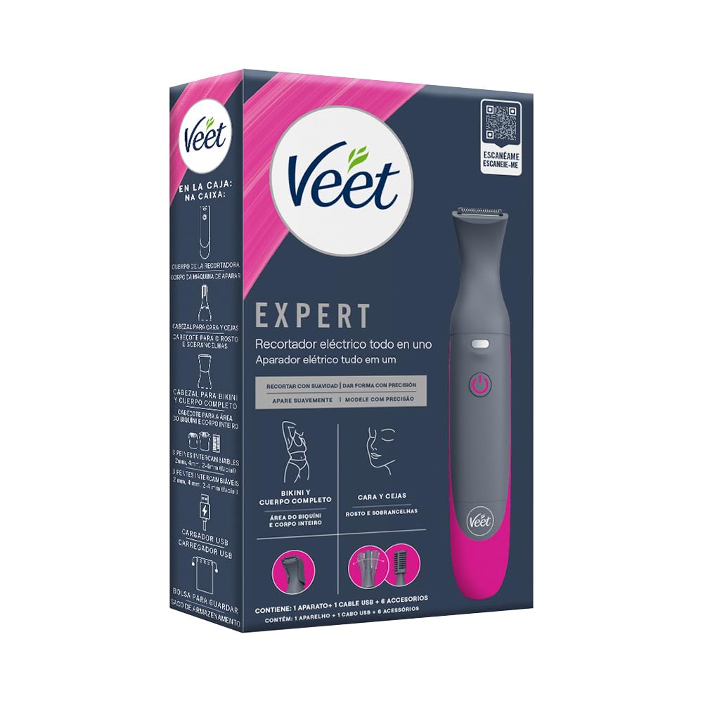 Veet® Expert Recortador Eléctrico todo en uno para mujer | Recortador de vello eléctrico para zona de bikini, cara y cejas | Recargable con carga USB y accesorios | 100% resistente al agua