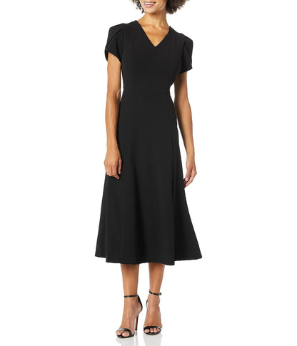 Calvin Klein Tulip Vestido Midi de Manga A Vestido para Mujer | Silueta acampanada, longitud media, mangas cortas de tulipán, cuello en V, tela elástica, ocasión para invitados de boda