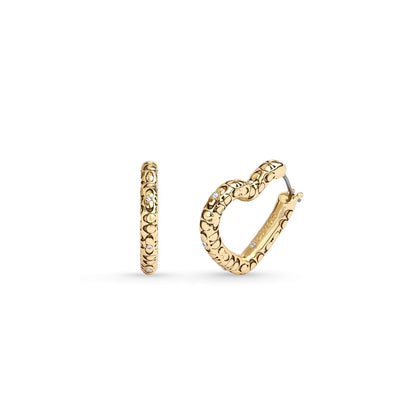 Coach Arete de Aro Acolchados Para Mujer | Latón, No Es Una Piedra Preciosa, Diseño Con Corazón Y Motivo C, Detalles De Piedra De Vidrio