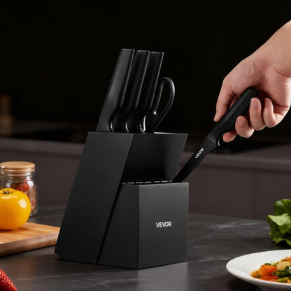 VEVOR Juego de Cuchillos de Cocina con Bloque de Madera y Afilador, con Cuchillos Afilados de Acero Inoxidable de Alto Carbono, con Mango Ergonómico de PP, Hoja 5CR15MOV, 15 Piezas, Color Negro