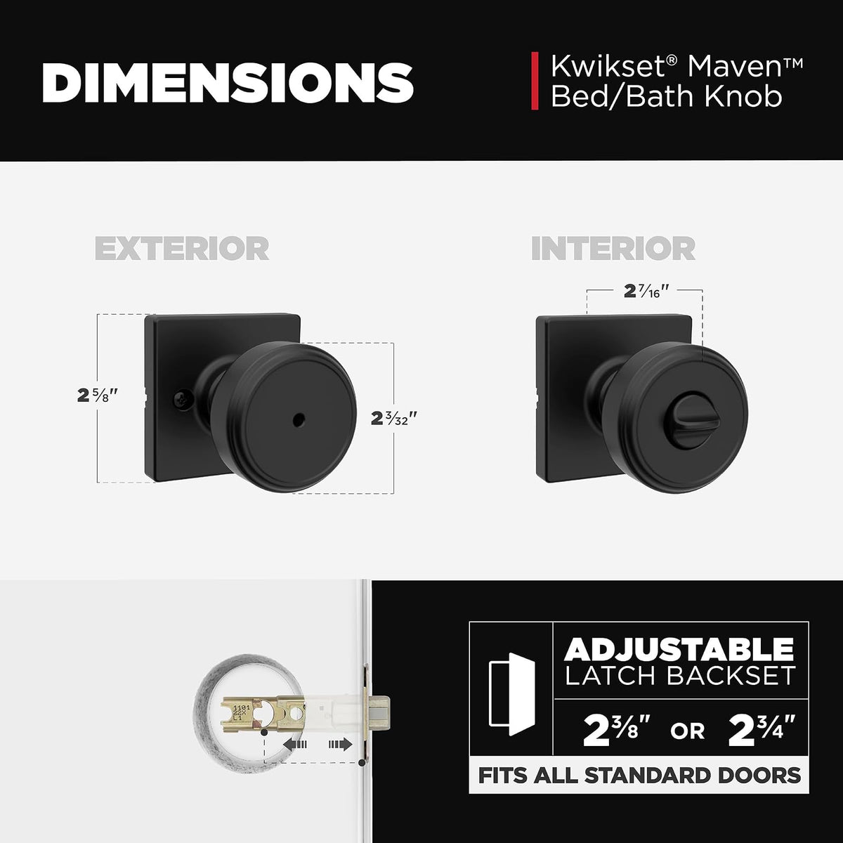 Kwikset Maven - perilla de puerta de privacidad interior con cerradura, manija de puerta cuadrada para baño y recámara, perilla de puerta sin llave negro mate, con protección Microban