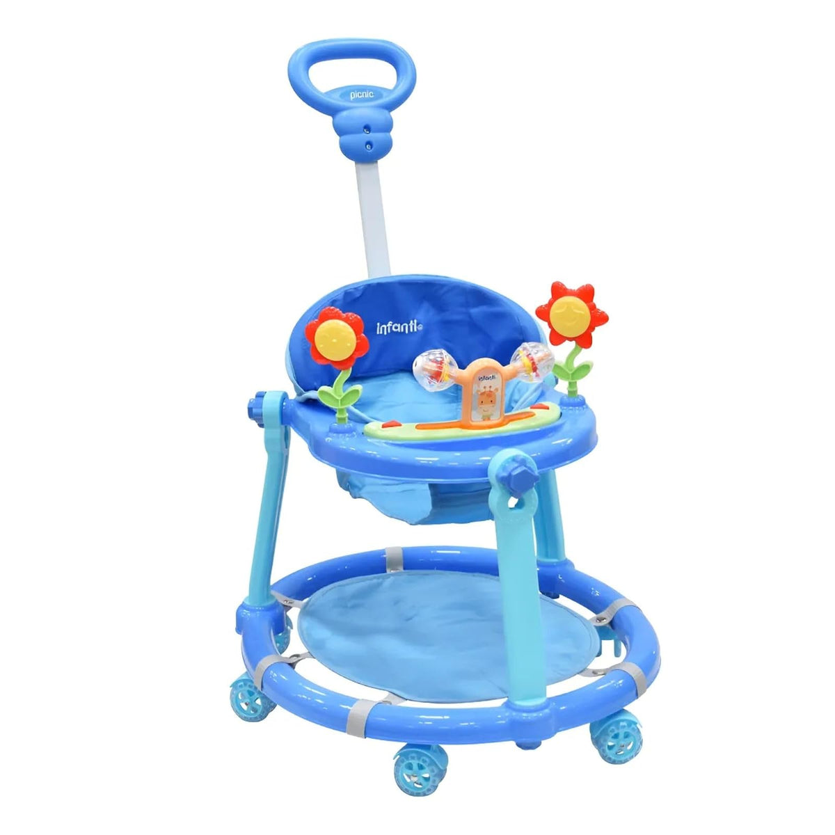 Infanti - Andadera para Bebe 3 en 1 Picnic - Juguetes para Bebe - Andador para Bebe - Con Paseador y Juguetero Musical - Cosas para Bebes - Barra de empuje. (Azul)
