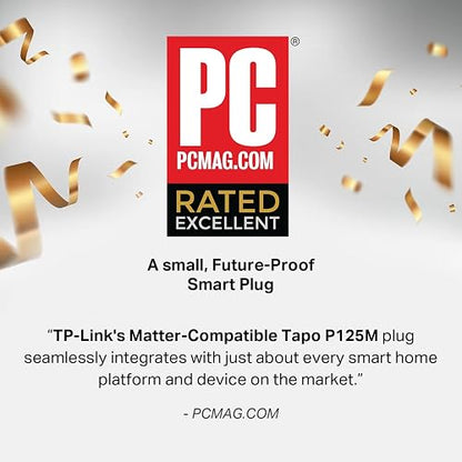 TP-Link Tapo Matter Supported Smart Plug Mini, Compact Design, 15A/1800W Max, Super Easy Setup, Works with Apple Home, Alexa & Google Home, UL Certified, 2.4G Wi-Fi Only, White, Tapo P125M(3-Pack)