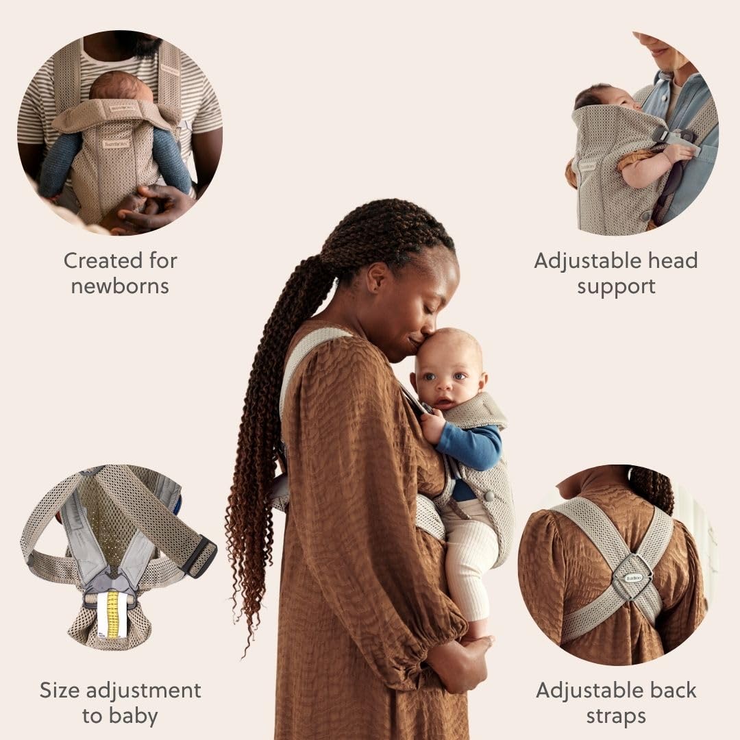 BabyBjörn Canguro Portabebé Mini, Gray Beige, 3D Mesh Newborn Carrier (7-15 lbs), Ergonomic, Easy-to-Use