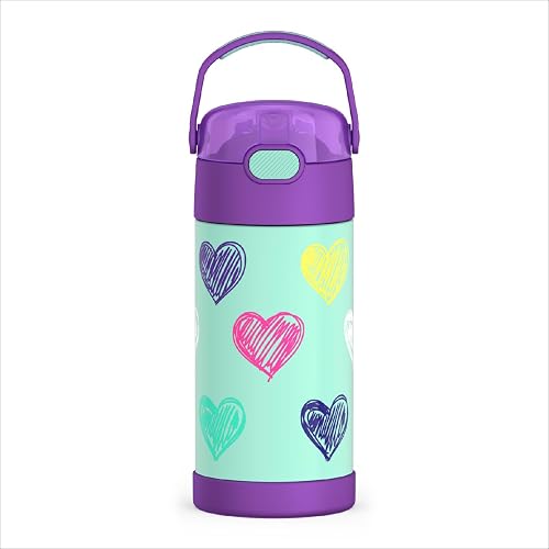 THERMOS FUNTAINER - Botella de agua con popote - 12 onzas - Botella de agua aislada al aspiradora para niños con tapa, corazones