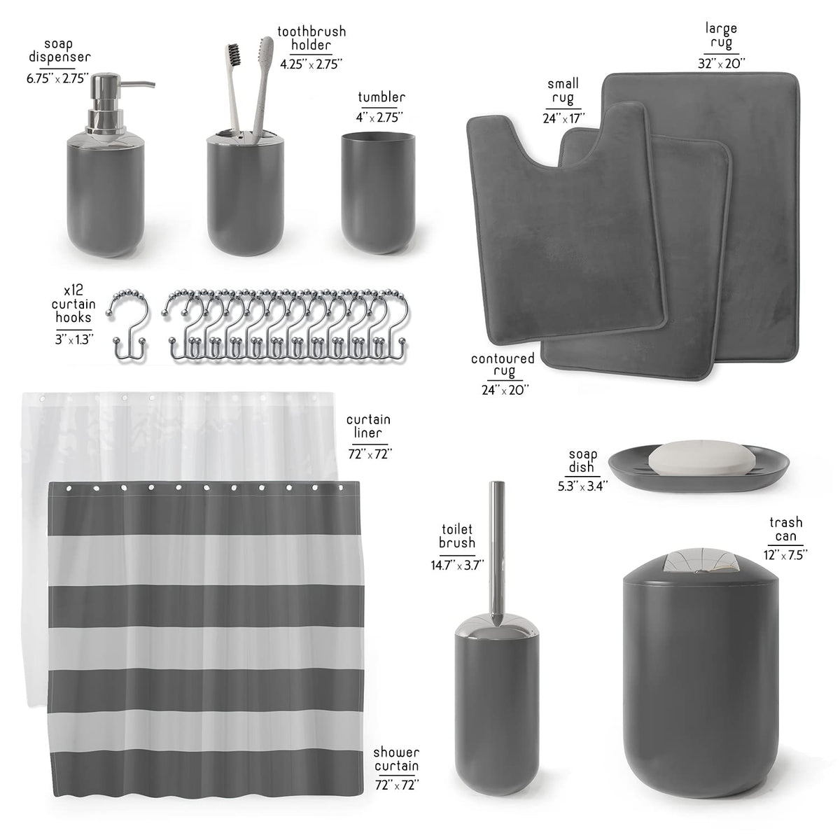 CLARA CLARK - Juego de Accesorios de baño, Juego de Cortina de Ducha, dispensador de jabón, Cepillo para Polvo de Inodoro y Bote de Basura (Gris, Juego Completo + Alfombras de baño)