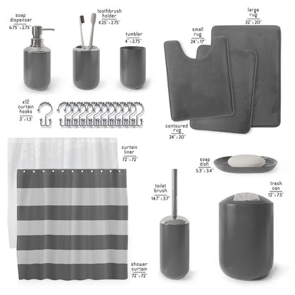 CLARA CLARK - Juego de Accesorios de baño, Juego de Cortina de Ducha, dispensador de jabón, Cepillo para Polvo de Inodoro y Bote de Basura (Gris, Juego Completo + Alfombras de baño)