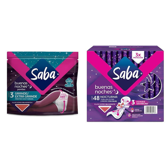 SABA Buenas Noches Panties, Panties Femeninas Nocturnas, Flujo Súper Abundante, Talla G/eg, 3 Piezas, color, 3 count, pack of/paquete de 3 + Buenas Noches Con Alas; Toallas Femeninas Nocturnas Xl,