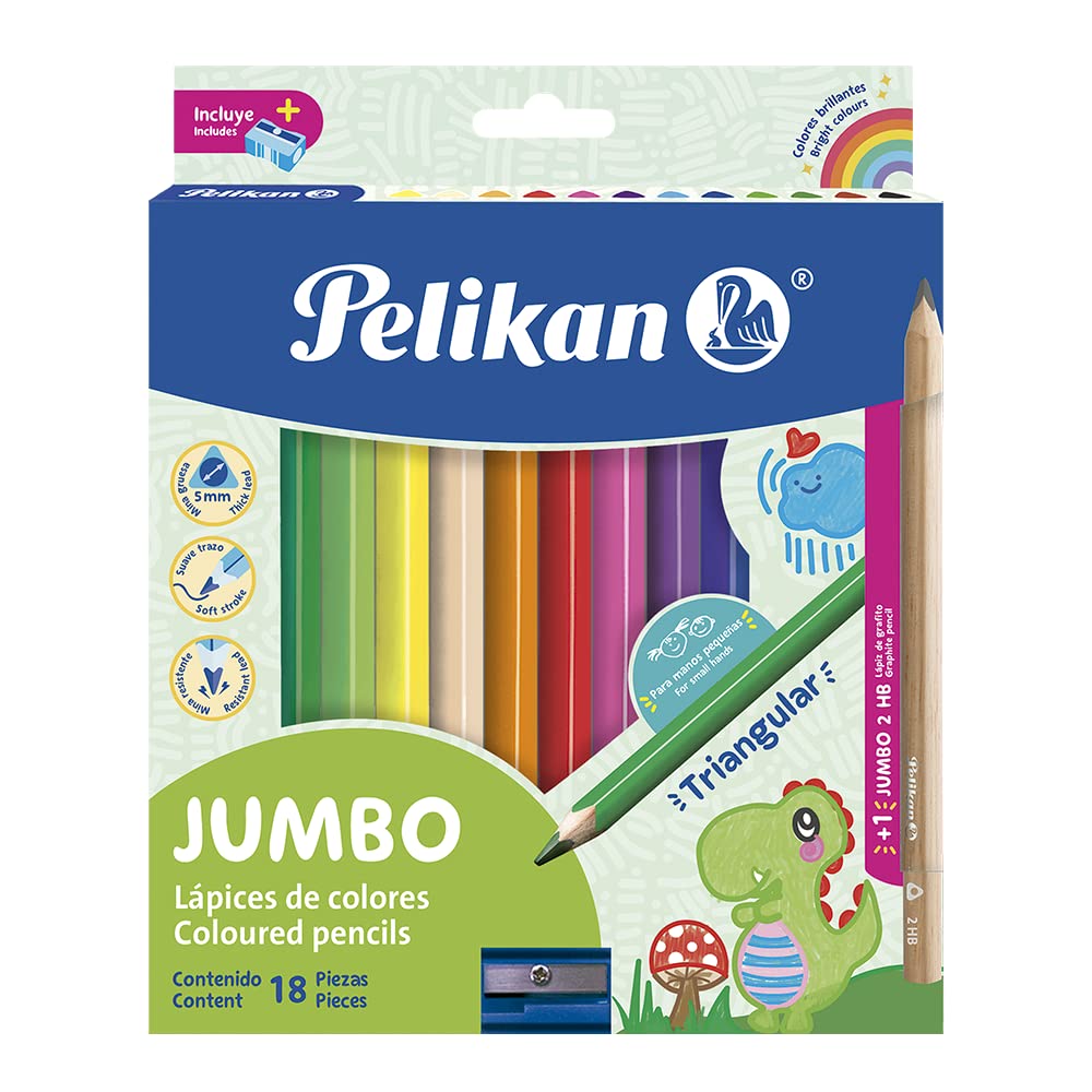 Pelikan Lápices de Colores Triangulares Jumbo con 18 piezas, Colores Surtidos, Mina de 5mm y Caja de Cartón