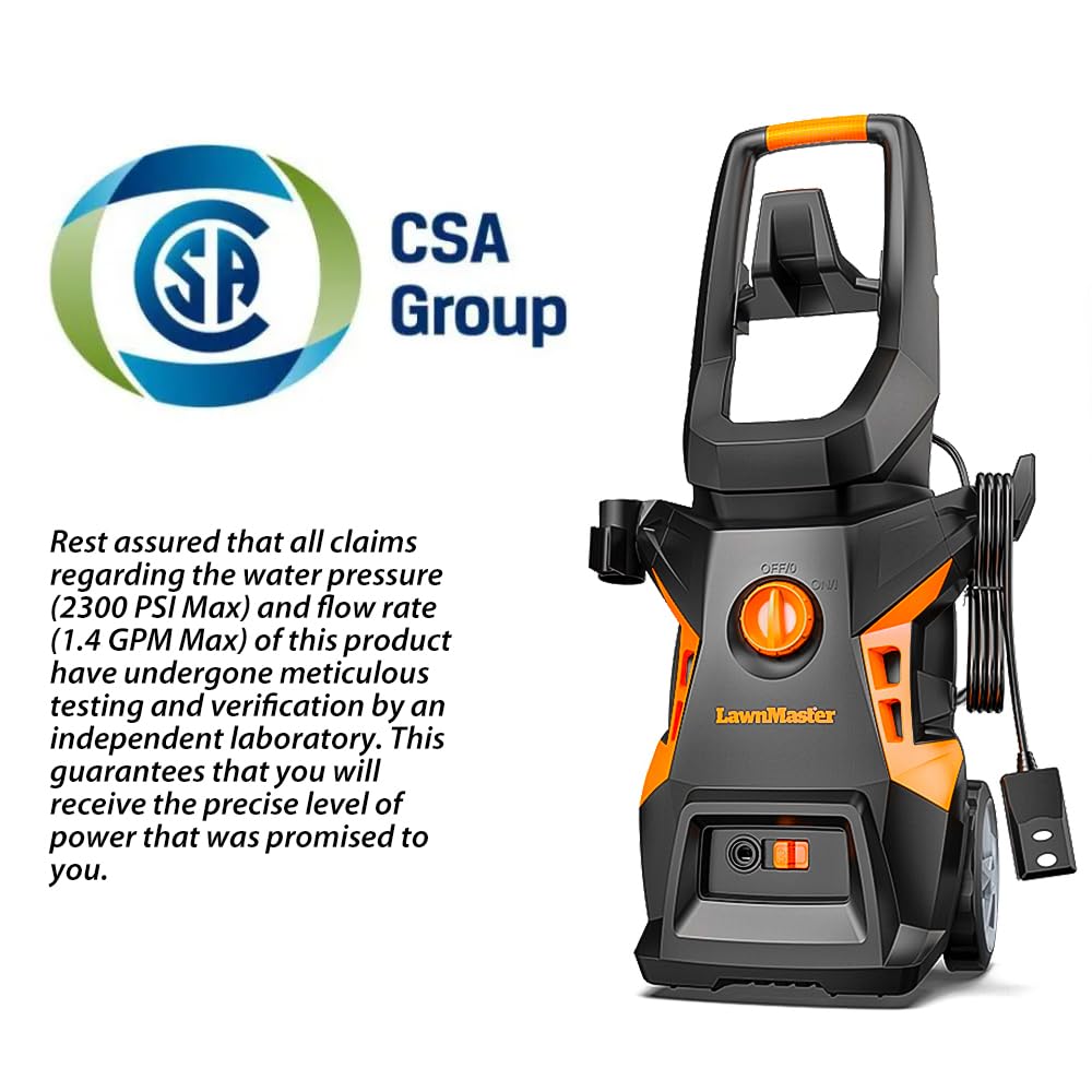 LawnMaster LT506 - Lavadora a presión eléctrica 2300 MAX PSI Certificado | Botella de detergente de 13 amperios, 1.4 GPM