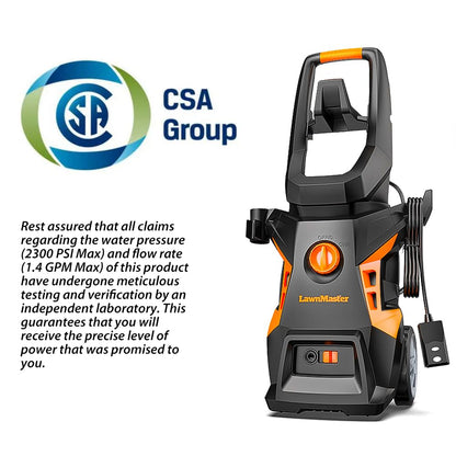 LawnMaster LT506 - Lavadora a presión eléctrica 2300 MAX PSI Certificado | Botella de detergente de 13 amperios, 1.4 GPM