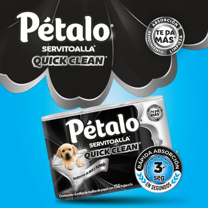 Pétalo Quick Clean, Servitoalla Paquete con 6 rollos de 156 Hojas Dobles Cada Uno, Rápida Absorción en 3 Segundos