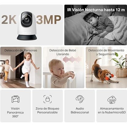 MERCUSYS MC210 Cámara de Seguridad WiFi Interior - Resolución 2K - Cobertura 360° - Visión Nocturna Infrarroja - Detección de Movimiento - Audio Bidireccional - 512GB - App