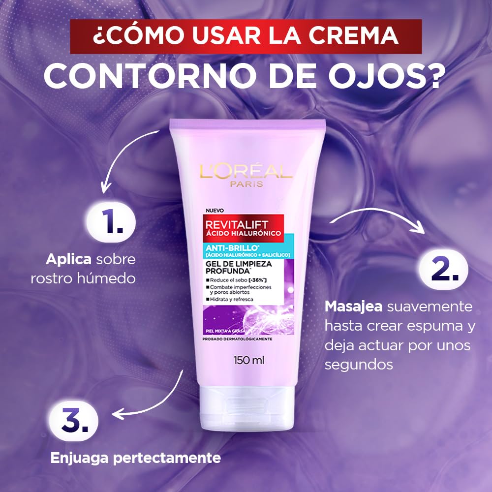 L'Oreal Paris Revitalift Ácido Hialurónico Gel de Limpieza Profunda Anti Brillo, con Ácido Salicílico para Control de Brillo y con Ácido Hialurónico para Hidratar, Ideal para Piel Grasa, 150 ml