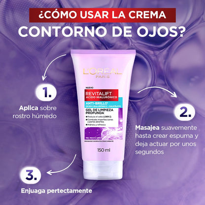 L'Oreal Paris Revitalift Ácido Hialurónico Gel de Limpieza Profunda Anti Brillo, con Ácido Salicílico para Control de Brillo y con Ácido Hialurónico para Hidratar, Ideal para Piel Grasa, 150 ml