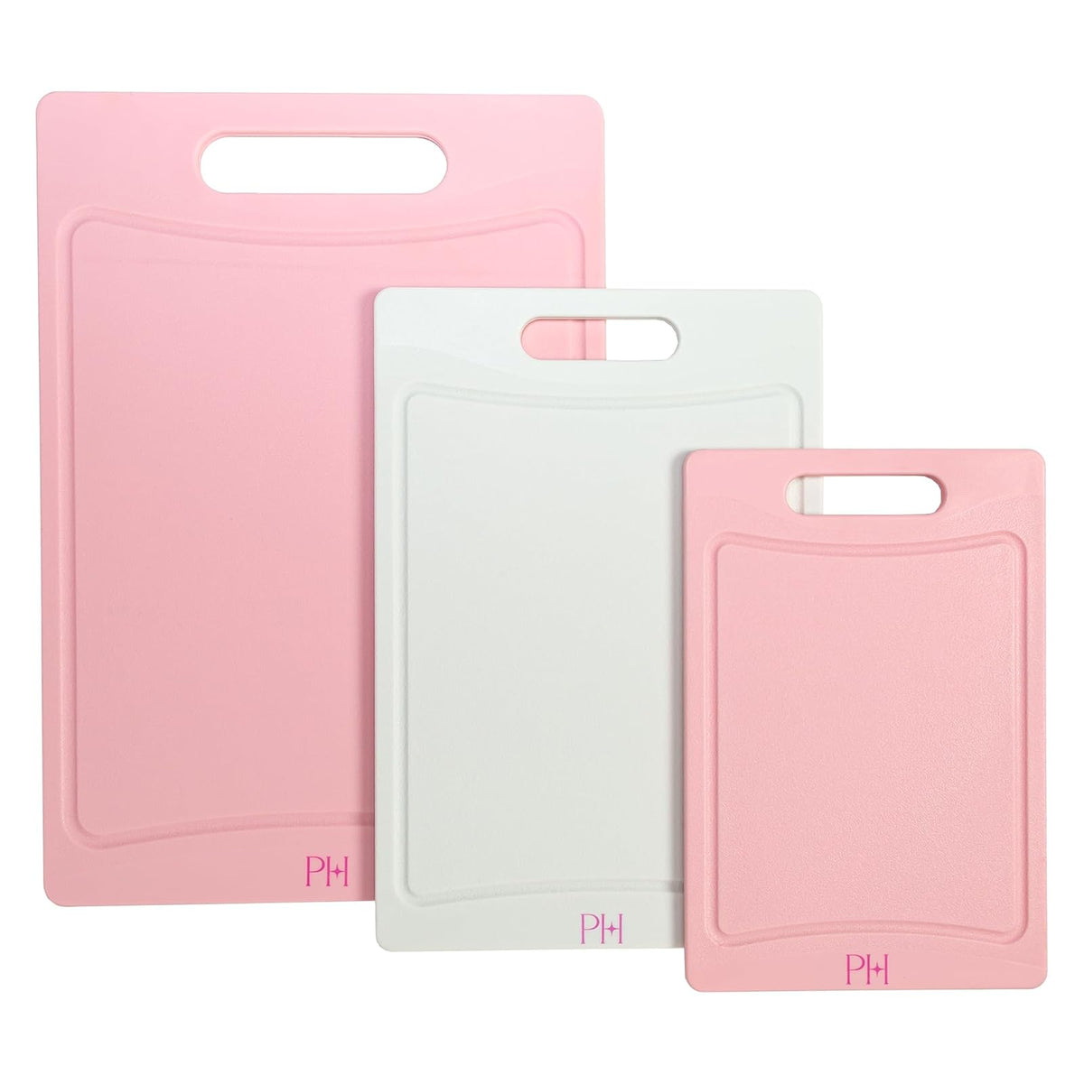 Paris Hilton - Juego de tablas de cortar de doble cara con ranuras de jugo integradas, asas de fácil agarre, plástico resistente hecho sin BPA, apto para lavaplatos, juego de 3 piezas, rosa y crema