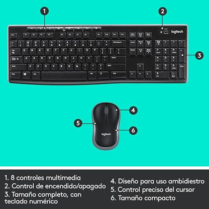 Logitech MK270 Combo Teclado Inalámbrico en Español y Mouse, para Windows, 2,4 GHz Inalámbrico, Mouse Compacto, 8 Botones de Acceso Multimedia, Batería de 2 Años, para PC, Laptop - Negro