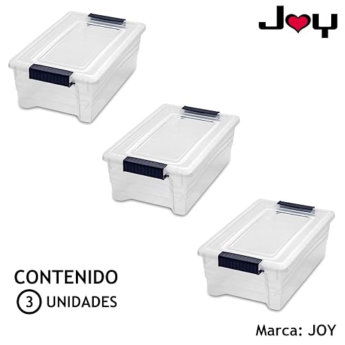 JOY Caja de Almacenamiento de Plástico Paquete de 3, Organizadora Apilable con Broche, Contenedor de 7 Litros. Tapa Duradera e Ideal para Organizar Zapatos, Ropa y Juguetes (37x23x13 cm)