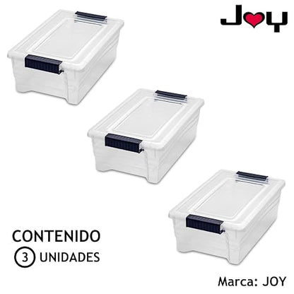 JOY Caja de Almacenamiento de Plástico Paquete de 3, Organizadora Apilable con Broche, Contenedor de 7 Litros. Tapa Duradera e Ideal para Organizar Zapatos, Ropa y Juguetes (37x23x13 cm)
