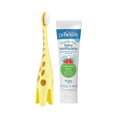 Dr. Brown's - Juego de cepillos de dientes de entrenamiento para bebés con pasta dental para bebés sin flúor, fresa, jirafa, 1.4 onzas, 0-3 años