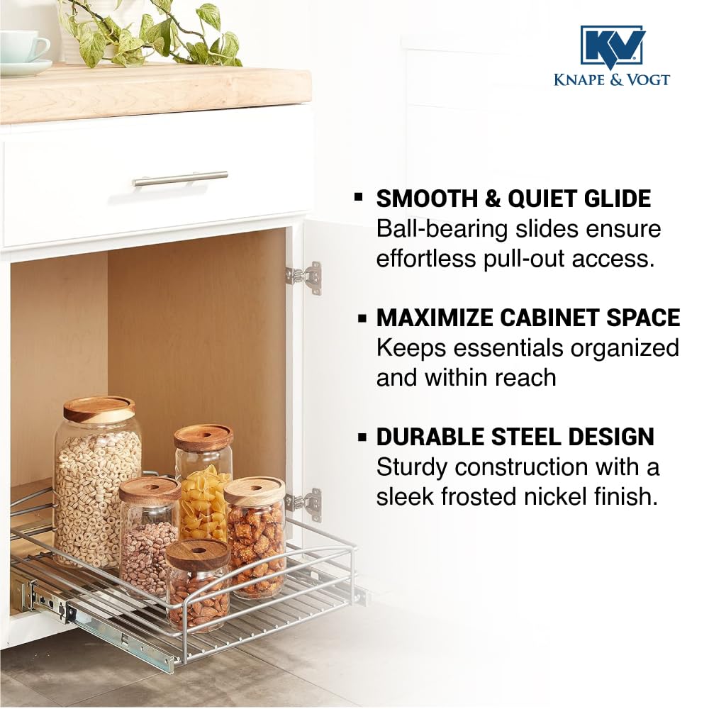 Knape & Vogt RS-MUB-14-FN 5" Alto x 15 pulgadas. Ancho x 20 pulgadas. D Cesta multiusos plateada organizador de gabinete, níquel esmerilado