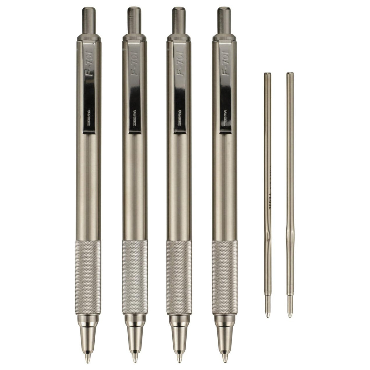 Zebra Pen F-701 Bolígrafo retráctil, punta fina de 0,8 mm, barril de acero inoxidable, ideal para suministros de oficina, suministros escolares y suministros para profesores, tinta negra, paquete de 4