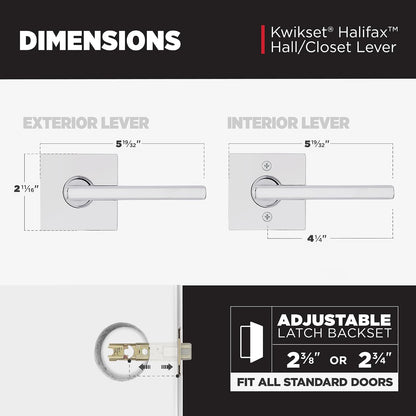 Kwikset Halifax - Manija de puerta de paso interior, palanca para puertas de clóset y pasillo, palanca reversible sin bloqueo, cromo pulido, rosa cuadrada