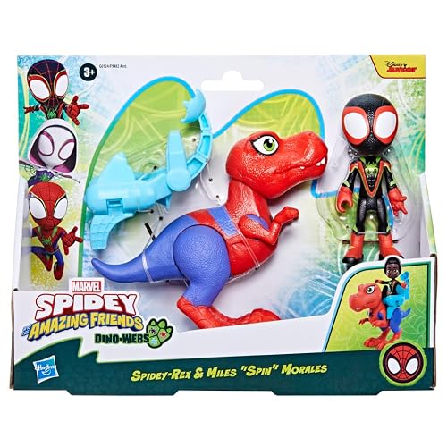 Marvel Spidey and His Amazing Friends, Dino-Webs, Spidey-Rex y Miles “Spin” Morales, Set de Figuras de acción Spider-Man a Escala de 10 cm, Juguetes Infantiles