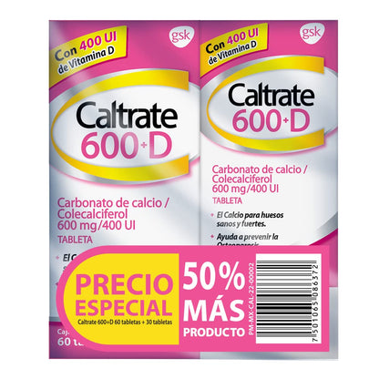 Caltrate Suplemento de Calcio 600 +D 600mg / 400 UI 2 Pack de 60 tabletas + 30 tabletas