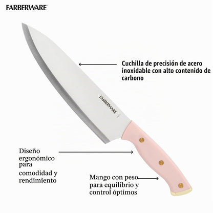 Farberware Juego de 15 cuchillos de acacia triple remachado, cuchillos de cocina de acero inoxidable de alto carbono con asas ergonómicas, juego de cuchillos afilados, rosa y dorado