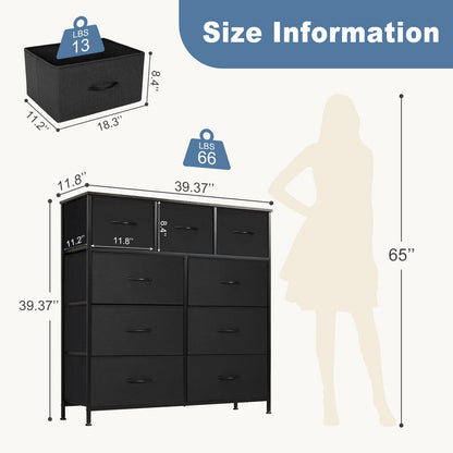 DUMOS - Cómoda para recámara con 9 cajones, Organizador de clóset de Tela con Marco de Metal y Torre de Almacenamiento de Madera para habitación de niños, guardería, Sala de Estar, Entrada