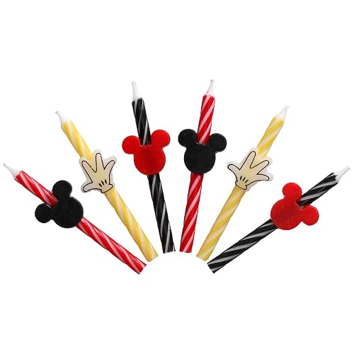 Disney Mickey Mouse - Velas de cumpleaños para tartas, 6 velas de cumpleaños para decoración de pasteles, velas de rayas rojas, amarillas y negras para fiestas de Mickey Mouse