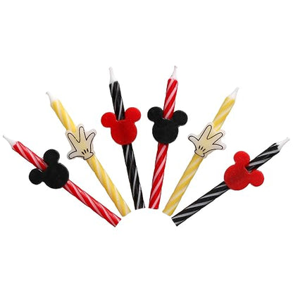 Disney Mickey Mouse - Velas de cumpleaños para tartas, 6 velas de cumpleaños para decoración de pasteles, velas de rayas rojas, amarillas y negras para fiestas de Mickey Mouse