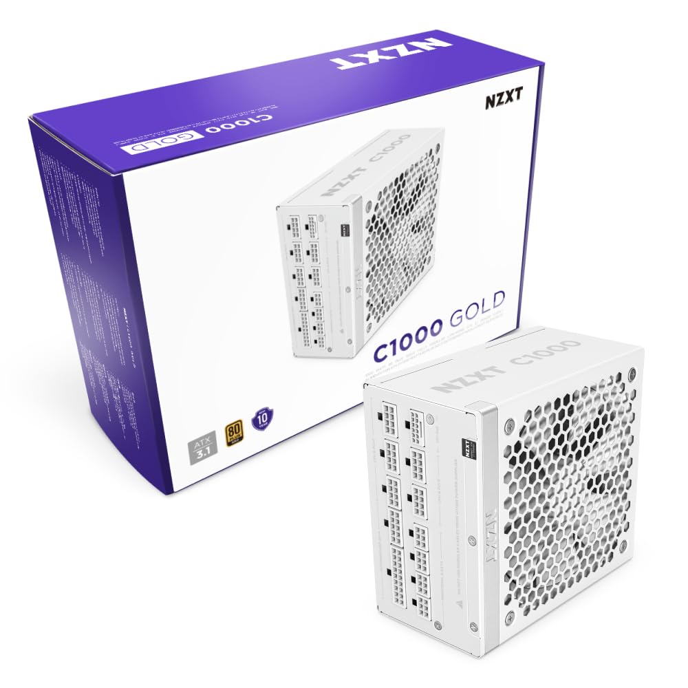 NZXT Fuente de Poder C1000 1000W 80 Plus Gold Blanco ATX 3.1 – PSU Modular de Alto Rendimiento para PC Gamer