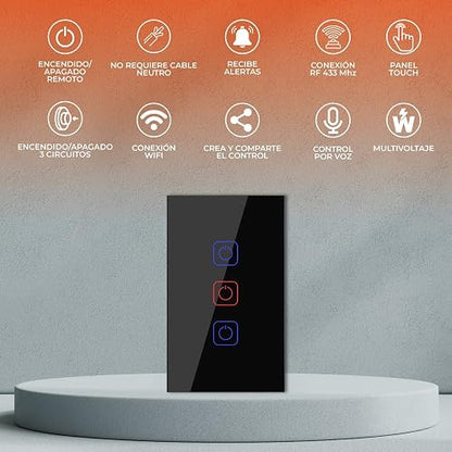 Tecnolite Connect - Apagador Inteligente Táctil WiFi 3 Circuitos, Sin Cable Neutro, Compatible con App móvil, Alexa, Google y Siri, Interruptor Inteligente