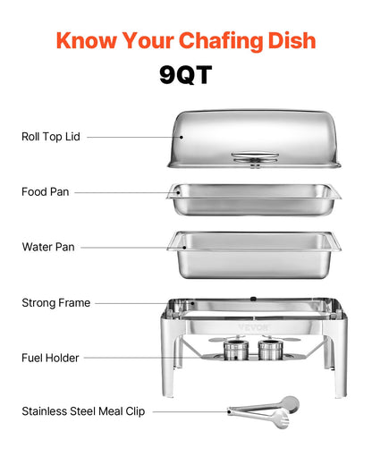 VEVOR Juego de Calentador de Alimentos Acero Inoxidable con Sartenes(8,5 L), Rectangular, Tapa Enrollable y Soporte para Bandeja Agua y Depósito de Combustible, para Bufé, Plata, Gran Capacidad
