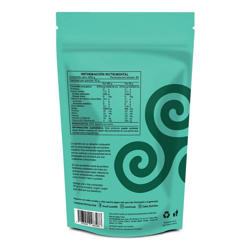 Vivio Foods, Spirulina Orgánica En Polvo, 200 gramos