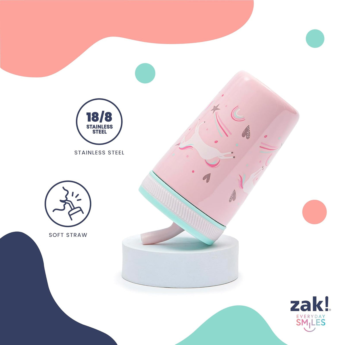 Zak Designs - Juego de vasos de unicornio Kelso, tapa atornillada a prueba de fugas con popote, paquete para niños incluye vasos de plástico y acero inoxidable con sorbidor adicional, juego de 3