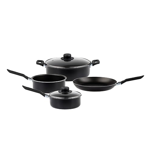 Ekco | Batería de Cocina 32 Piezas de Aluminio Antiadherente Negro | Antiadherente, fácil limpieza, tapas vidrio, utensilios nylon, comida saludable, calor uniforme, libre PFOA, certificado NOM