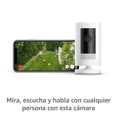 Cámara de seguridad Ring Stick Up Cam Battery + Soporte para inclinación y vista panorámica + Adaptador de corriente para interiores y exteriores - Blanco
