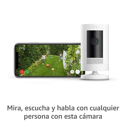 Cámara de seguridad Ring Stick Up Cam Battery + Soporte para inclinación y vista panorámica + Adaptador de corriente para interiores y exteriores - Blanco