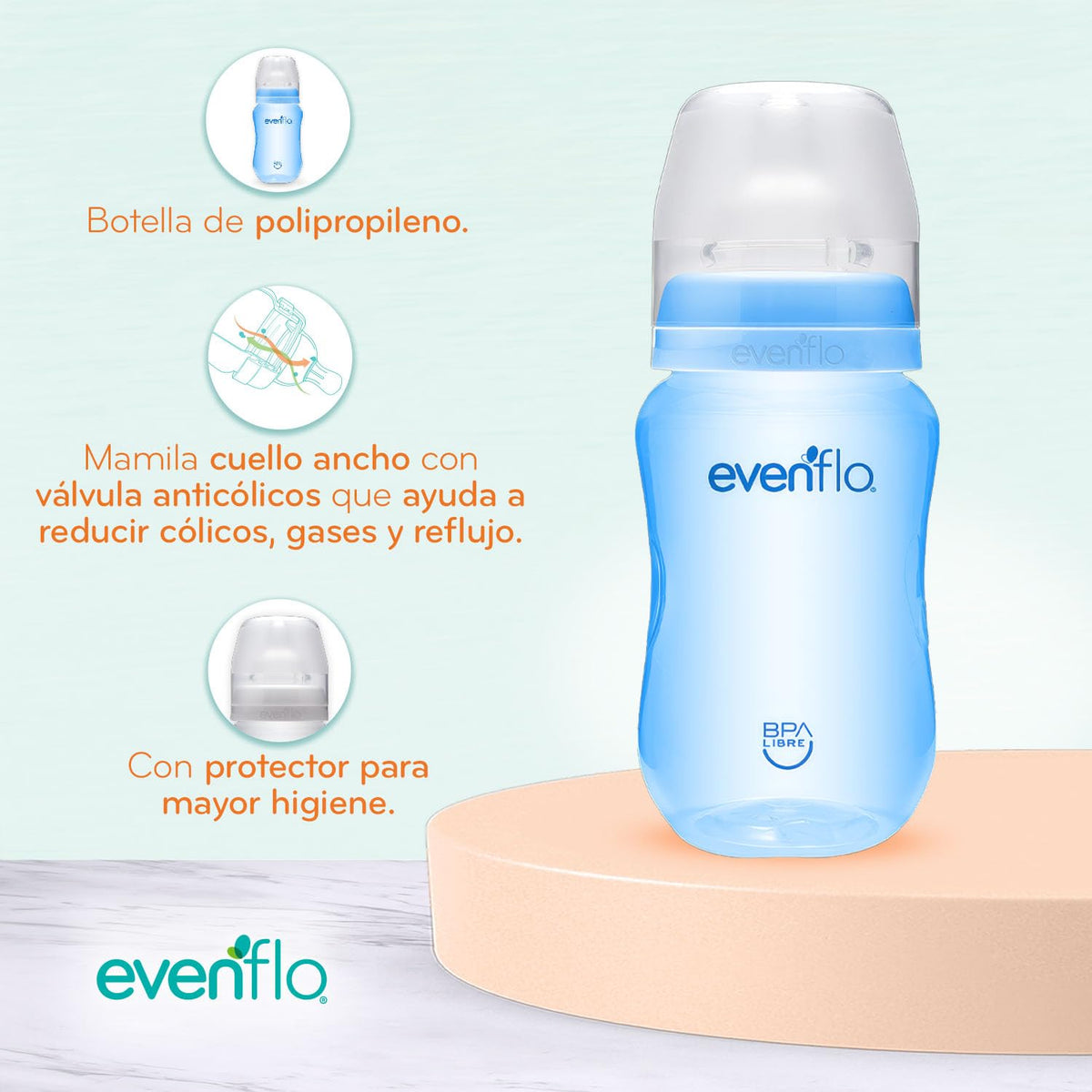 Evenflo Biberón Anticólicos Forest, Diseño de Dinosaurio, Cuello Ancho, 270ml/9oz, Azul y Turquesa, Flujo Medio, Sistema de Ventilación, 3 Piezas, para Bebés de 3 Meses en Adelante
