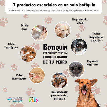 Fancy Pets MS Kit Preventivo Botiquín para Perro con 7 Piezas Jabón Antiséptico Gel Cicatrizante Limpiador de Oídos Toallitas y Desinfectante