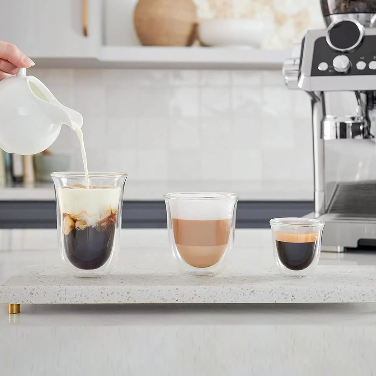 De'Longhi Fancy Collection - Juego de 6 vasos de café expreso con doble pared, diseño de capuchino y latte, transparente