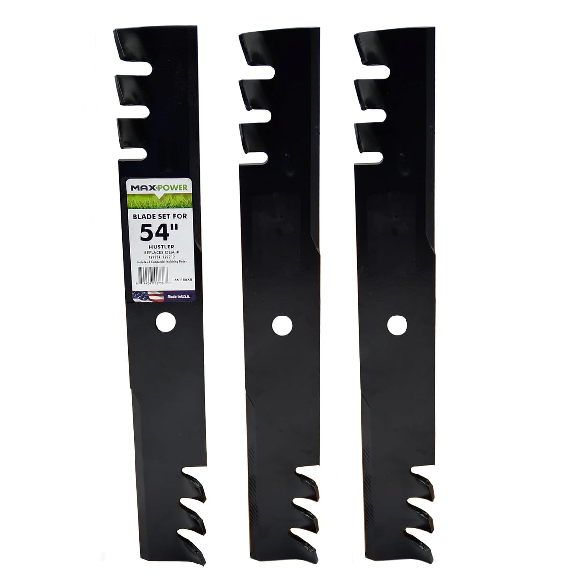 MaxPower 561156XB - Juego de 3 cuchillas para cortadoras Hustler de 54 pulgadas, reemplaza los números OEM 797704, 797712, 438-0001-00