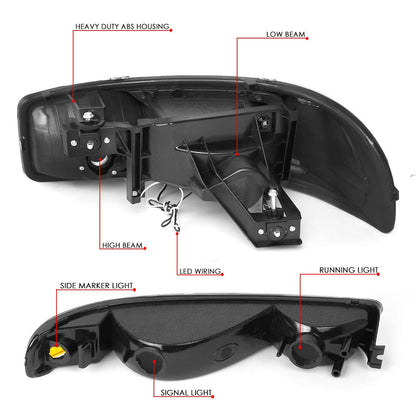 DNA Motoring Faros LED DRL Negro Transparente HL-LB-SIERRA99-BK-CL1 para Sierra Yukon 99-07