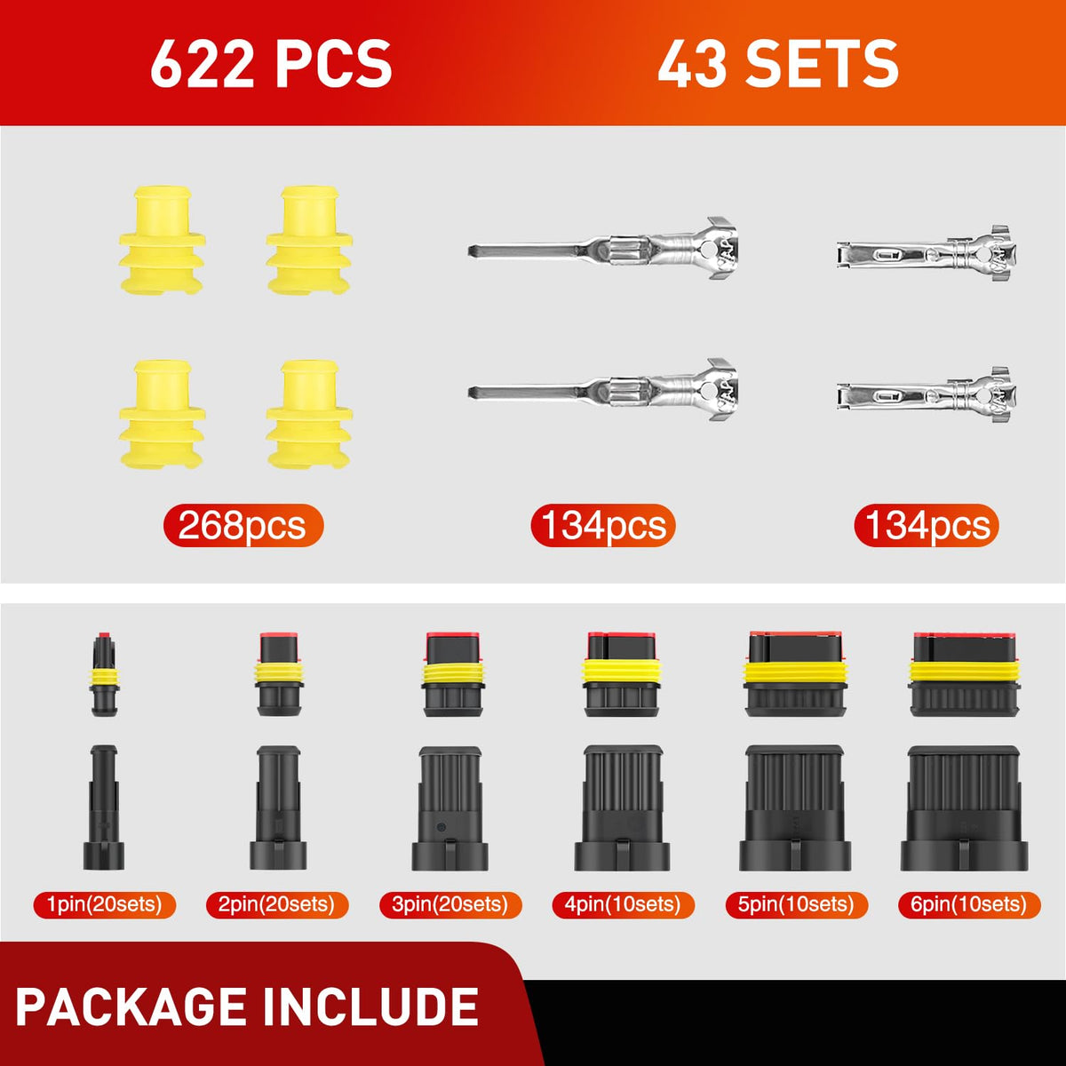 Nilight 50119G Conector Eléctrico de 622 Unidades, 1-6 Pines, Macho/Hembra, Impermeable, 43 Juegos