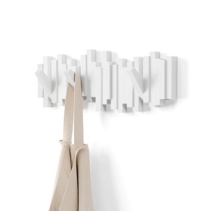Umbra Sticks perchero de pared con gancho de riel y 5 clavijas retráctiles – Organizador de almacenamiento moderno que ahorra espacio, blanco - Blanco - 5 ganchos