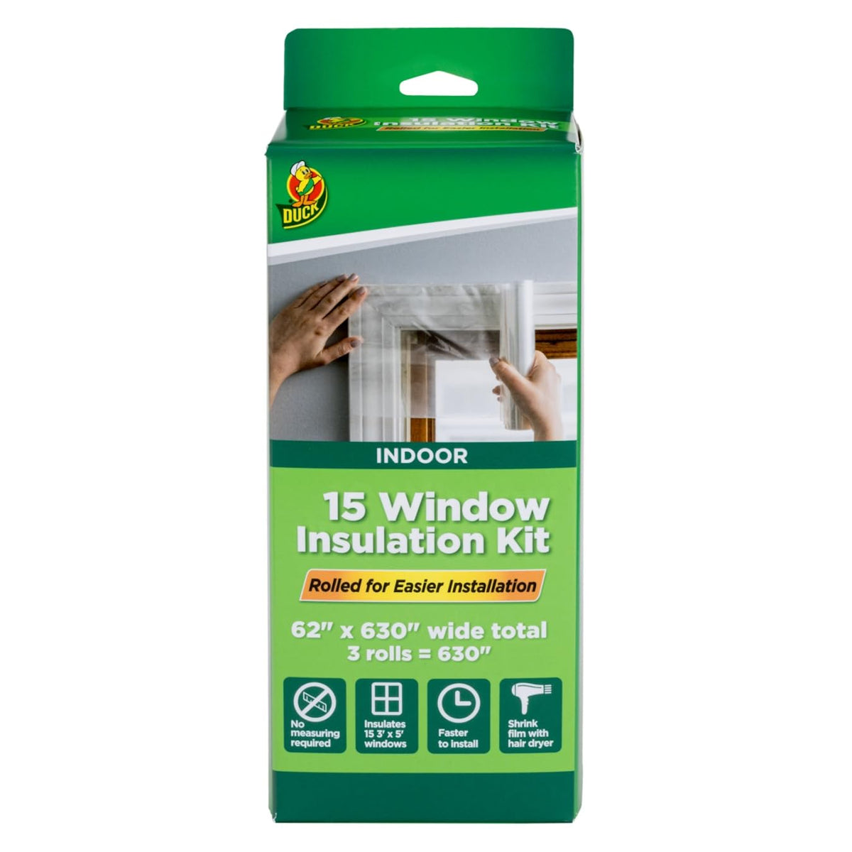 Duck Brand 288069 - Kit de aislamiento para ventanas de invierno – Cubiertas de película retráctil enrollada con sello de ventana de hasta 15 ventanas de 3 x 5 pies, cinta de ventana incluida, fácil